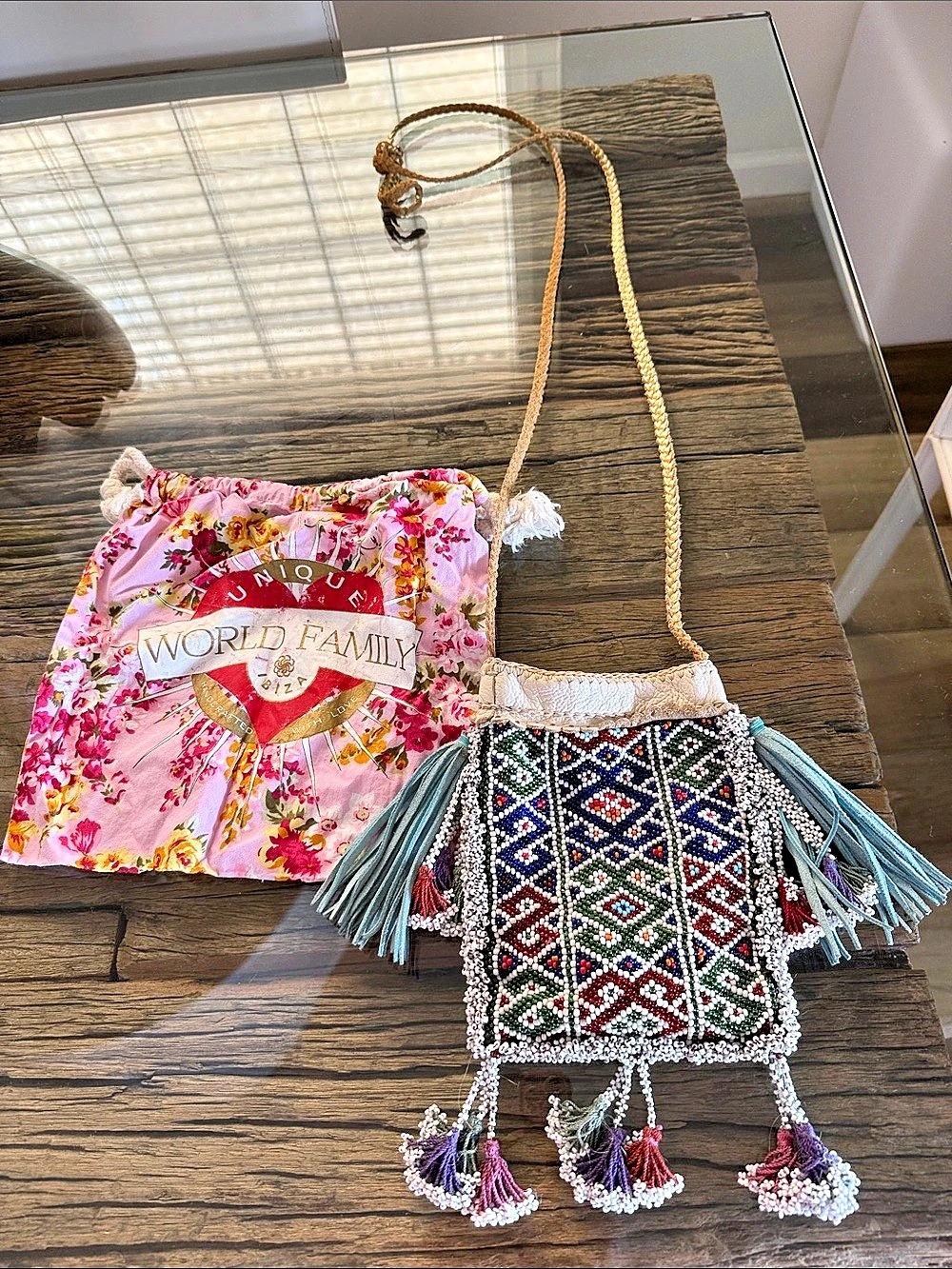 World Family Embroidered Beaded Crossbody Bag in Multicolor Like New